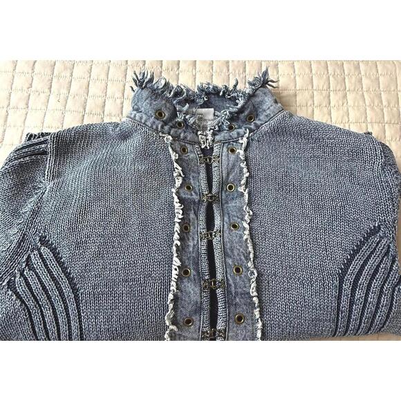 Vintage PBJ Blues Denim Cable Knit Sweater Jacket Womens m Blue Stretchy Faded - Picture 1 of 14